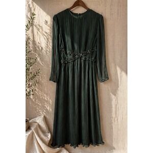 Vintage Dark Green Accordion Pleat Gown Beaded Art Deco Dark Academia Maxi Dress